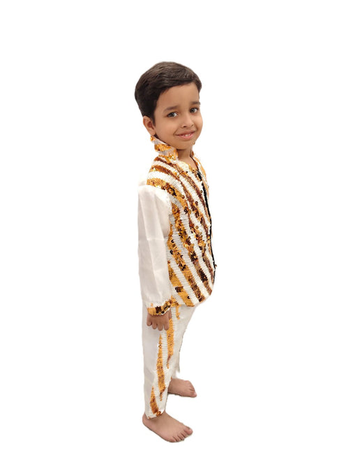 White & Golden Sequin Western Dance Costume for Boys | Stylish Shiny Full Sleeve Shirt and Pant Set with Zipper Closure | Dance Costume for Boys | Fancy Dress for Boys