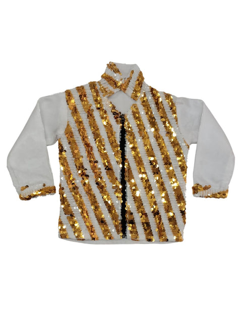 White & Golden Sequin Western Dance Costume for Boys | Stylish Shiny Full Sleeve Shirt and Pant Set with Zipper Closure | Dance Costume for Boys | Fancy Dress for Boys