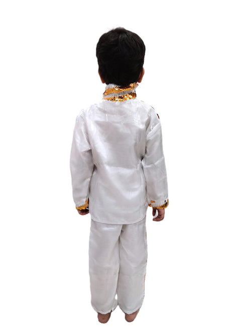 White & Golden Sequin Western Dance Costume for Boys | Stylish Shiny Full Sleeve Shirt and Pant Set with Zipper Closure | Dance Costume for Boys | Fancy Dress for Boys