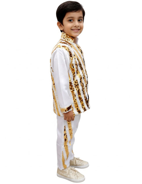 White & Golden Sequin Western Dance Costume for Boys | Stylish Shiny Full Sleeve Shirt and Pant Set with Zipper Closure | Dance Costume for Boys | Fancy Dress for Boys