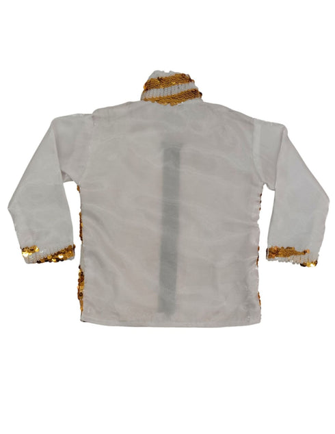 White & Golden Sequin Western Dance Costume for Boys | Stylish Shiny Full Sleeve Shirt and Pant Set with Zipper Closure | Dance Costume for Boys | Fancy Dress for Boys