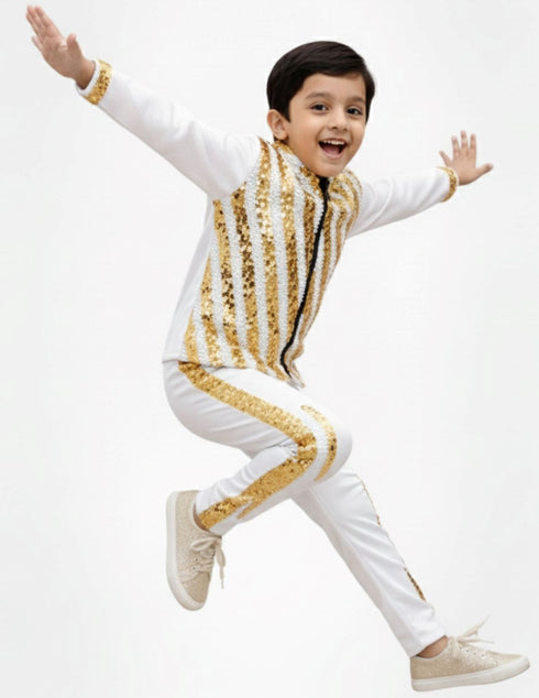White & Golden Sequin Western Dance Costume for Boys | Stylish Shiny Full Sleeve Shirt and Pant Set with Zipper Closure | Dance Costume for Boys | Fancy Dress for Boys