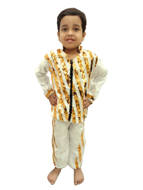 White & Golden Sequin Western Dance Costume for Boys | Stylish Shiny Full Sleeve Shirt and Pant Set with Zipper Closure | Dance Costume for Boys | Fancy Dress for Boys
