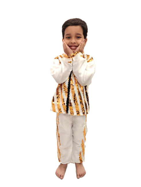 White & Golden Sequin Western Dance Costume for Boys | Stylish Shiny Full Sleeve Shirt and Pant Set with Zipper Closure | Dance Costume for Boys | Fancy Dress for Boys