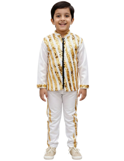 White & Golden Sequin Western Dance Costume for Boys | Stylish Shiny Full Sleeve Shirt and Pant Set with Zipper Closure | Dance Costume for Boys | Fancy Dress for Boys