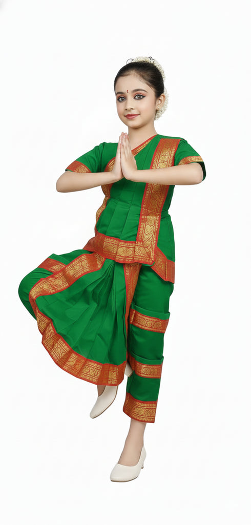 BookMyCostume Bharatanatyam Costume for Girls and Women – Green with Red Border | Classical Dance Dress | Indian Dance Dress for Girls | Traditional Dance Outfit