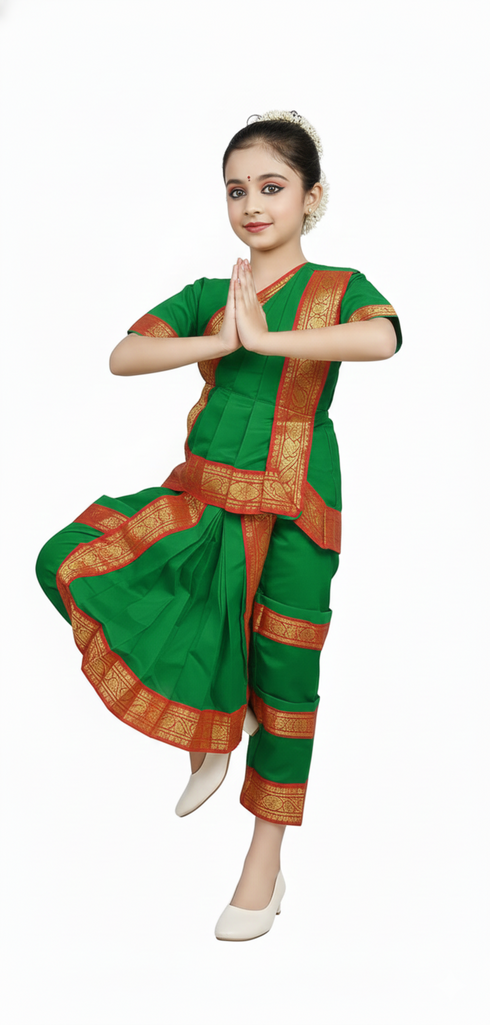 Bharatanatyam Costume for Girls and Women – Green with Red Border | Classical Dance Dress | Indian Dance Dress for Girls | Traditional Dance Outfit