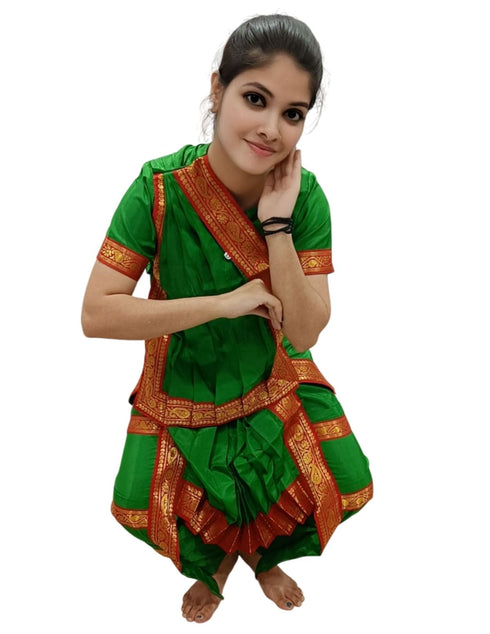 Bharatanatyam Costume for Girls and Women – Green with Red Border | Classical Dance Dress | Indian Dance Dress for Girls | Traditional Dance Outfit