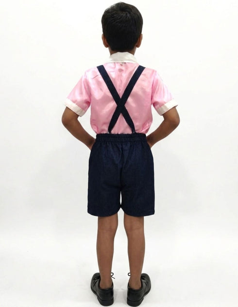 Boy Dangri Style Costume Set | Pink Shirt with Denim Dangri Style Shorts & Colorful Tie | Fancy Dress Costume for Role Play | Boys
