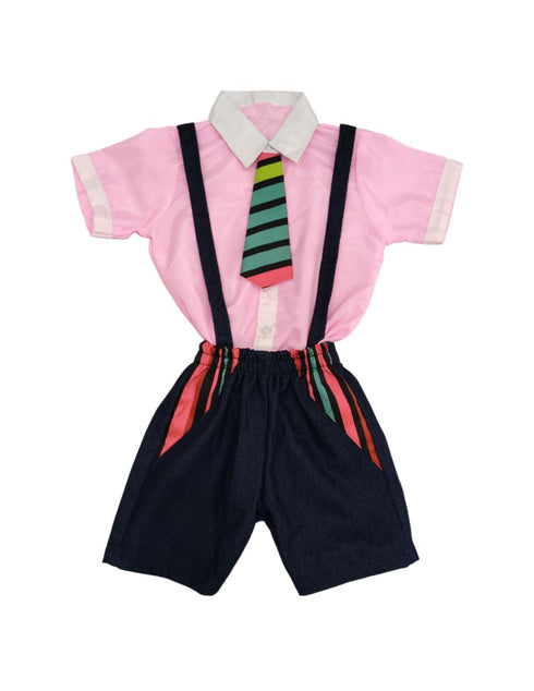 Boy Dangri Style Costume Set | Pink Shirt with Denim Dangri Style Shorts & Colorful Tie | Fancy Dress Costume for Role Play | Boys