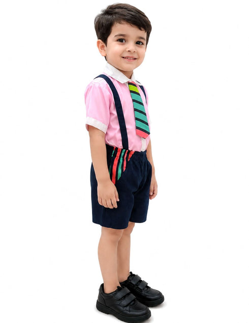 Boy Dangri Style Costume Set | Pink Shirt with Denim Dangri Style Shorts & Colorful Tie | Fancy Dress Costume for Role Play | Boys