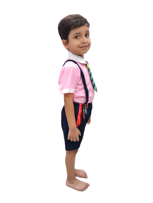 Boy Dangri Style Costume Set | Pink Shirt with Denim Dangri Style Shorts & Colorful Tie | Fancy Dress Costume for Role Play | Boys