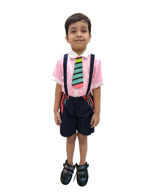 Boy Dangri Style Costume Set | Pink Shirt with Denim Dangri Style Shorts & Colorful Tie | Fancy Dress Costume for Role Play | Boys