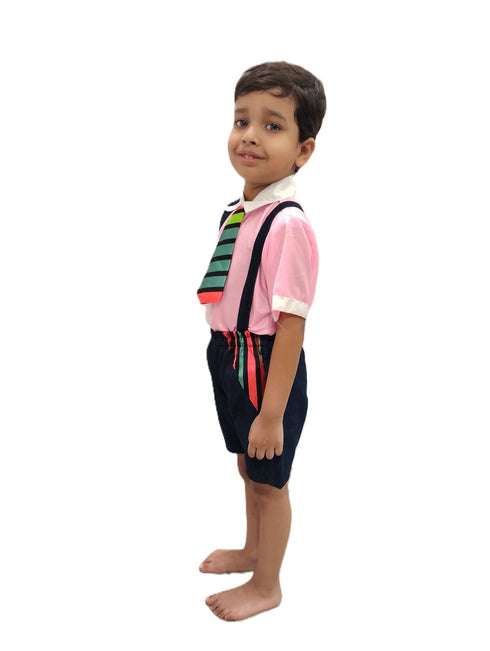 Boy Dangri Style Costume Set | Pink Shirt with Denim Dangri Style Shorts & Colorful Tie | Fancy Dress Costume for Role Play | Boys