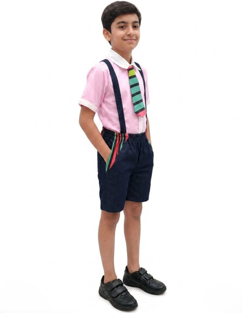 Boy Dangri Style Costume Set | Pink Shirt with Denim Dangri Style Shorts & Colorful Tie | Fancy Dress Costume for Role Play | Boys