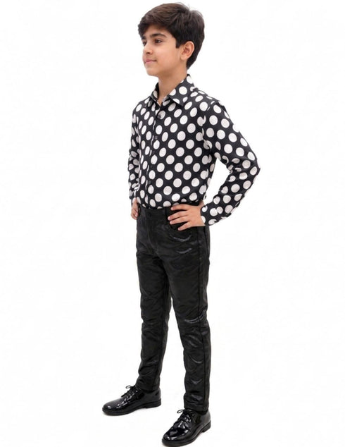 Black Polka Dots Shirt with Black Shining Pant | Retro Theme Kids Fancy Dress Costume | Stylish Dress for Dance, Fancy Dress
