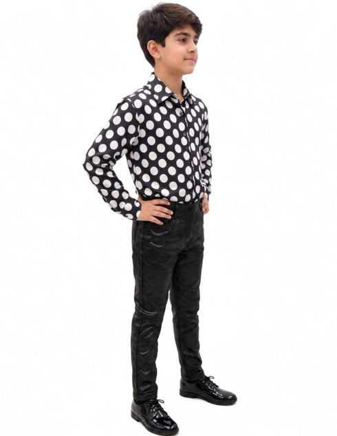 Black Polka Dots Shirt with Black Shining Pant | Retro Theme Kids Fancy Dress Costume | Stylish Dress for Dance, Fancy Dress
