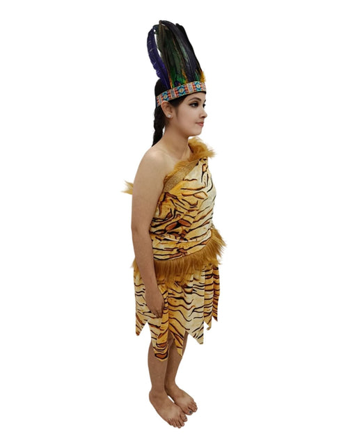 BookMyCostume Unisex Adivasi Tribal Dance Costume – Tiger Print Fur Material | One-Shoulder Outfit with Armlets & Multicolor Feather Headdress
