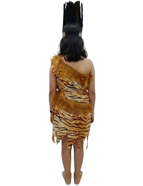 Unisex Adivasi Tribal Dance Costume – Tiger Print Fur Material | One-Shoulder Outfit with Armlets & Multicolor Feather Headdress