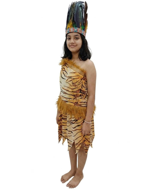 Unisex Adivasi Tribal Dance Costume – Tiger Print Fur Material | One-Shoulder Outfit with Armlets & Multicolor Feather Headdress