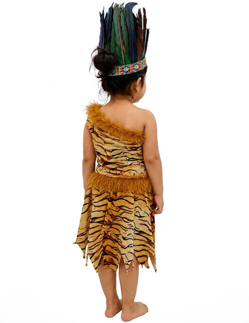 Unisex Adivasi Tribal Dance Costume – Tiger Print Fur Material | One-Shoulder Outfit with Armlets & Multicolor Feather Headdress