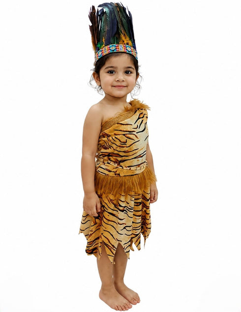 Unisex Adivasi Tribal Dance Costume – Tiger Print Fur Material | One-Shoulder Outfit with Armlets & Multicolor Feather Headdress