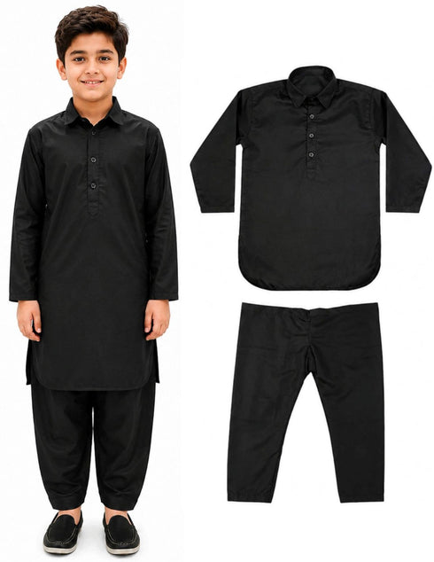 Kashmiri Dress for Boys – Traditional Black Pathani Suit Set | Kashmiri Suit for Kids with Collared Kurta & Pajama | Ethnic Kashmiri Dress for Cultural Events & Fancy Dress