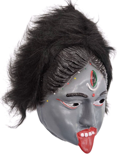 Kali Mata Rubber Mask for Fancy Dress – Grey Color Goddess Face Mask with Attached Hair | Religious Role Play Mask for Kids & Adults | Kali Devi Costume Accessory