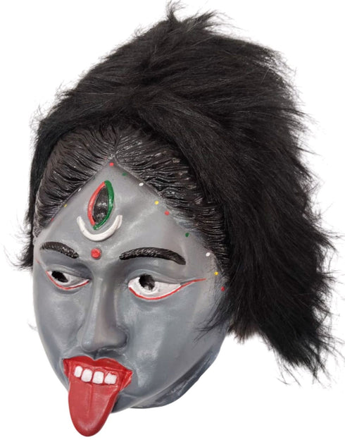 Kali Mata Rubber Mask for Fancy Dress – Grey Color Goddess Face Mask with Attached Hair | Religious Role Play Mask for Kids & Adults | Kali Devi Costume Accessory