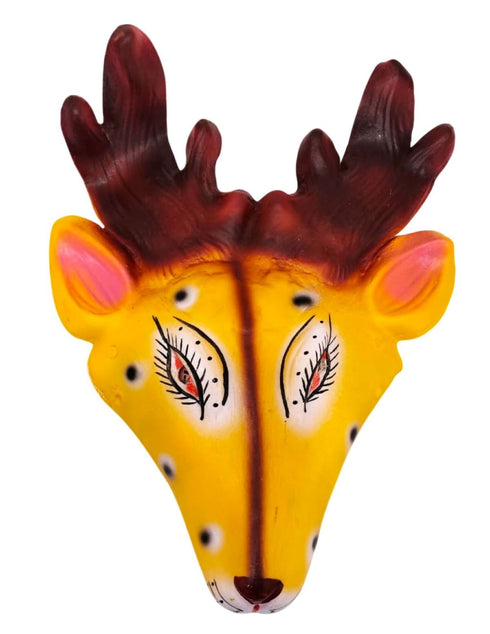 BookMyCostume Mrig (Deer) Rubber Mask – Yellow & Brown Hand-Painted Folk Mask with Antlers | Ramayana Character for Festivals, Plays & Decor