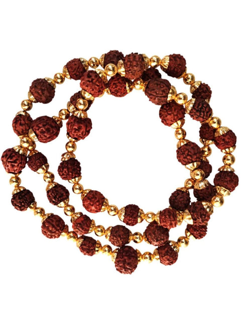 Natural Brown Rudraksh Golden Plated Rudraksha Jewellery Set with Golden Beads – Rudraksha Mala for Ramleela, Festivals & Spiritual Events | Ideal for Kids & Adults