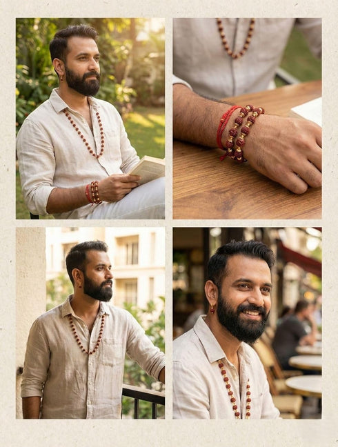 Natural Brown Rudraksh Golden Plated Rudraksha Jewellery Set with Golden Beads – Rudraksha Mala for Ramleela, Festivals & Spiritual Events | Ideal for Kids & Adults