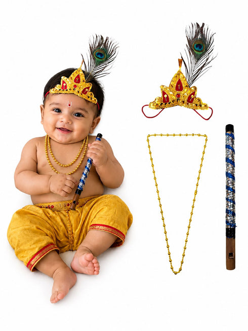 Krishna Accessories Set for Baby Boy – 4 Pc Krishna Dress Set For Kids| Janmashtami Fancy Dress Costume for Kids | 0-6 Years