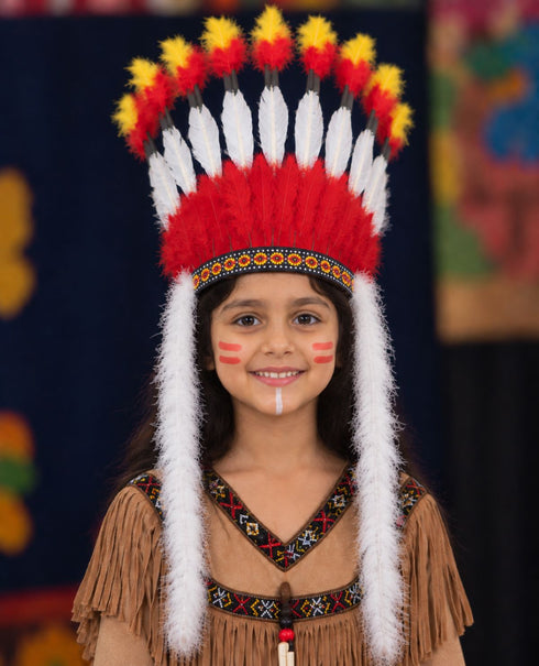 Kids Tribal Fiery Feather Headdress – Red & White Crown with Adjustable Elastic | Fancy Dress Costume Headgear for Tribal Theme & Cultural Events