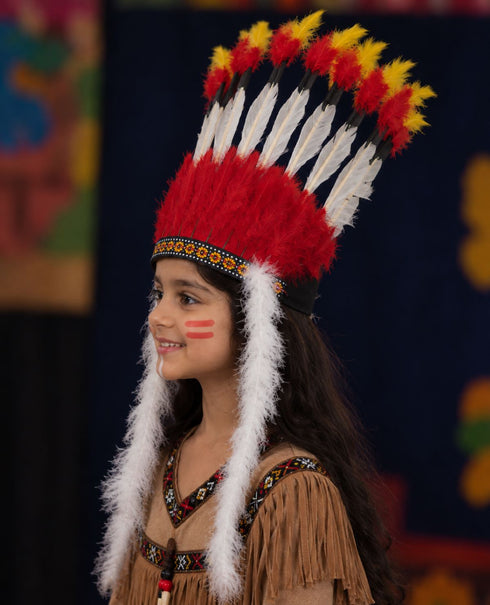 Kids Tribal Fiery Feather Headdress – Red & White Crown with Adjustable Elastic | Fancy Dress Costume Headgear for Tribal Theme & Cultural Events