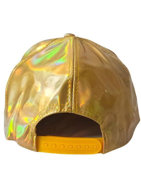 BookMyCostume Golden Reflective Street Dance Cap – Adjustable Holographic Snapback Hat for Performers, Party & Hip-Hop Style Fancy Dress Accessory for Girls & Boys