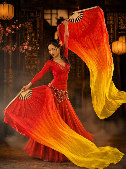 Japanese Silk Belly Dance Fan Veil with Bamboo Hand Fan with 2 Meter Flowing Cloth Attached to Fan for Great Dance Effect – Fire Theme, Stage Shows & Fancy Dress Accessory