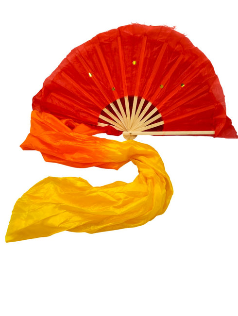 Japanese Silk Belly Dance Fan Veil with Bamboo Hand Fan with 2 Meter Flowing Cloth Attached to Fan for Great Dance Effect – Fire Theme, Stage Shows & Fancy Dress Accessory