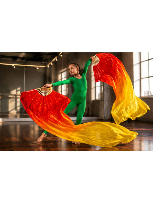 Japanese Silk Belly Dance Fan Veil with Bamboo Hand Fan with 2 Meter Flowing Cloth Attached to Fan for Great Dance Effect – Fire Theme, Stage Shows & Fancy Dress Accessory