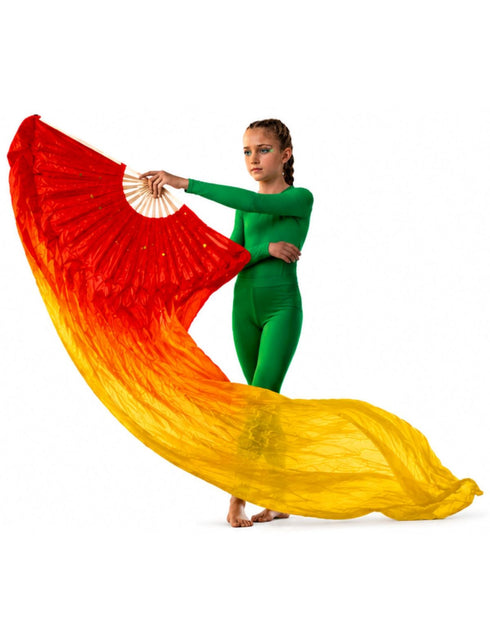Japanese Silk Belly Dance Fan Veil with Bamboo Hand Fan with 2 Meter Flowing Cloth Attached to Fan for Great Dance Effect – Fire Theme, Stage Shows & Fancy Dress Accessory