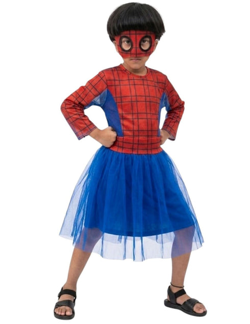 Spidre Web Hero Girl Costume Set – Red & Blue Frock with Net Sleeves | Superhero kids Fancy Dress Outfit For Girls
