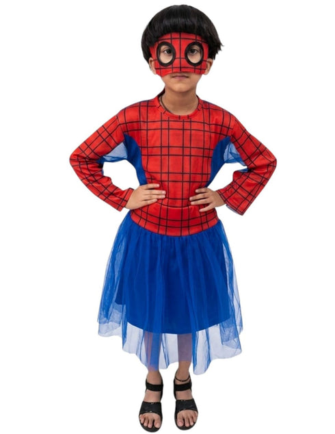 Spidre Web Hero Girl Costume Set – Red & Blue Frock with Net Sleeves | Superhero kids Fancy Dress Outfit For Girls