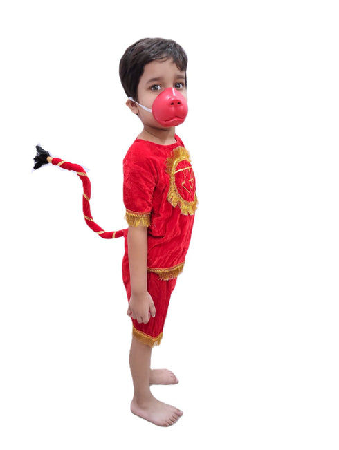 BookMyCostume Vanar Sena Costume for Kids – Red Top & Shorts with Hanuman Face Mask & Tail | Hanuman Getup for Kids Fancy Dress Outfit for Annual Functions & Mythological Themes