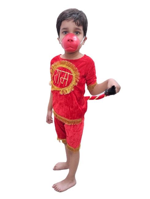 BookMyCostume Vanar Sena Costume for Kids – Red Top & Shorts with Hanuman Face Mask & Tail | Hanuman Getup for Kids Fancy Dress Outfit for Annual Functions & Mythological Themes