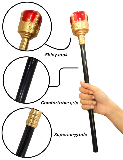 BookMyCostume Royal King Crown/Taj & Scepter Set for Kids Fancy Dress Accessories with Metallic Finish for Halloween, Cosplay & Themed Events | Free Size