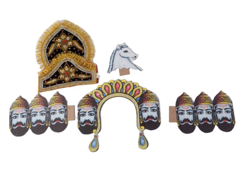 Ravan Crown with Detachable Face Extension 10 Head Set – Plywood Ramleela Mukut Costume for Dussehra & Fancy Dress Accessory For Adults