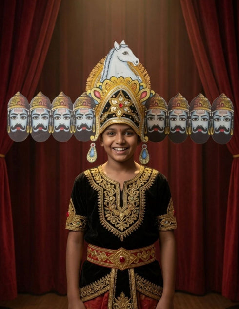 Ravan Crown with Detachable Face Extension 10 Head Set – Plywood Ramleela Mukut Costume for Dussehra & Fancy Dress Accessory For Adults