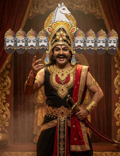 Ravan Crown with Detachable Face Extension 10 Head Set – Plywood Ramleela Mukut Costume for Dussehra & Fancy Dress Accessory For Adults