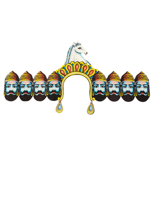 BookMyCostume Ravan Crown with Detachable Face Extension 10 Head Set – Plywood Ramleela Mukut Costume for Dussehra & Fancy Dress Accessory For Adults