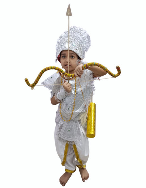 BookMyCostume Mahabharat Warrior Costume for Kids – Arjun / Bhishma Pitamah Look with Silver Chest Armor & Accessory Set | Indian Mythological Fancy Dress for School & Cultural Events